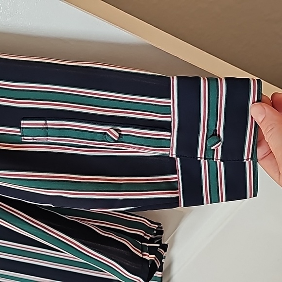 Express m navy blue/green/reddish pink striped long sleeve blouse - Picture 12 of 13